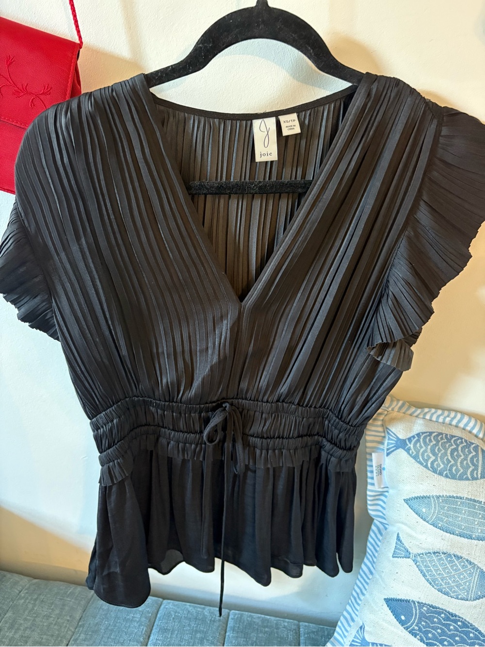 Joie Black Pleated V-Neck Drawstring Waist Blouse